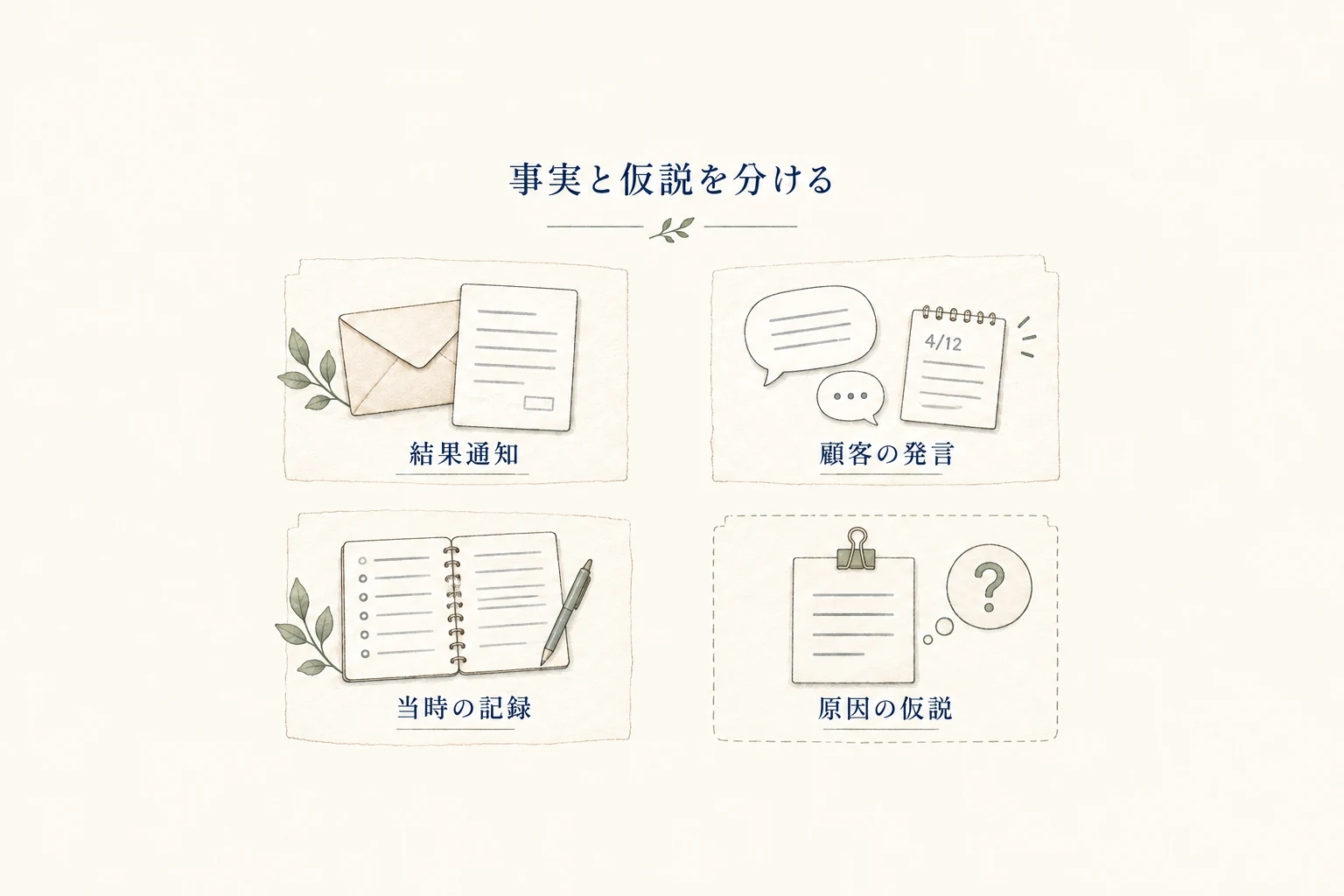 結果通知、顧客の発言、当時の記録は出所を残し、原因の仮説とは別の欄に置く