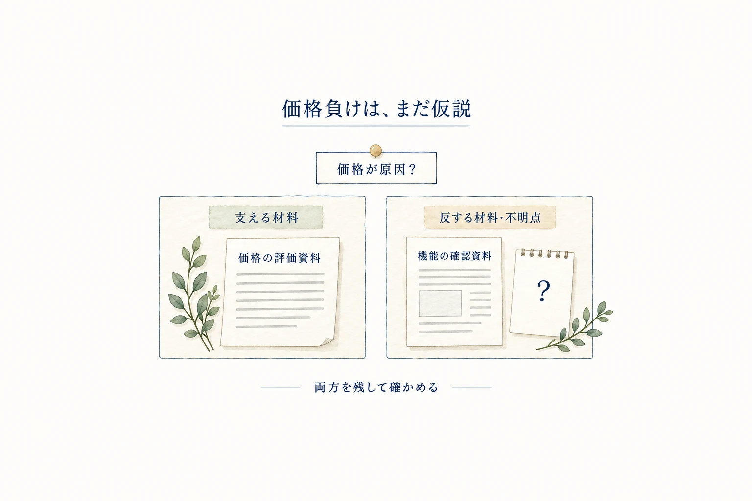 価格が原因という仮説を支える材料だけでなく、機能の不足など反する材料と不明点も同じように残して確かめる