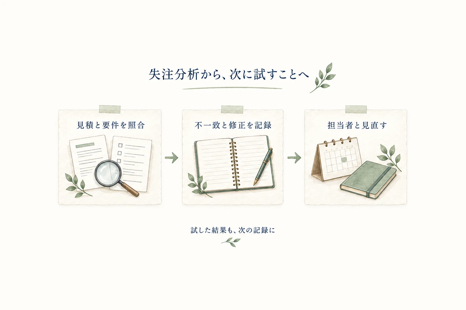 次の案件で見積と要件を照合し、不一致と修正を記録して、決めた時点に担当者と見直す