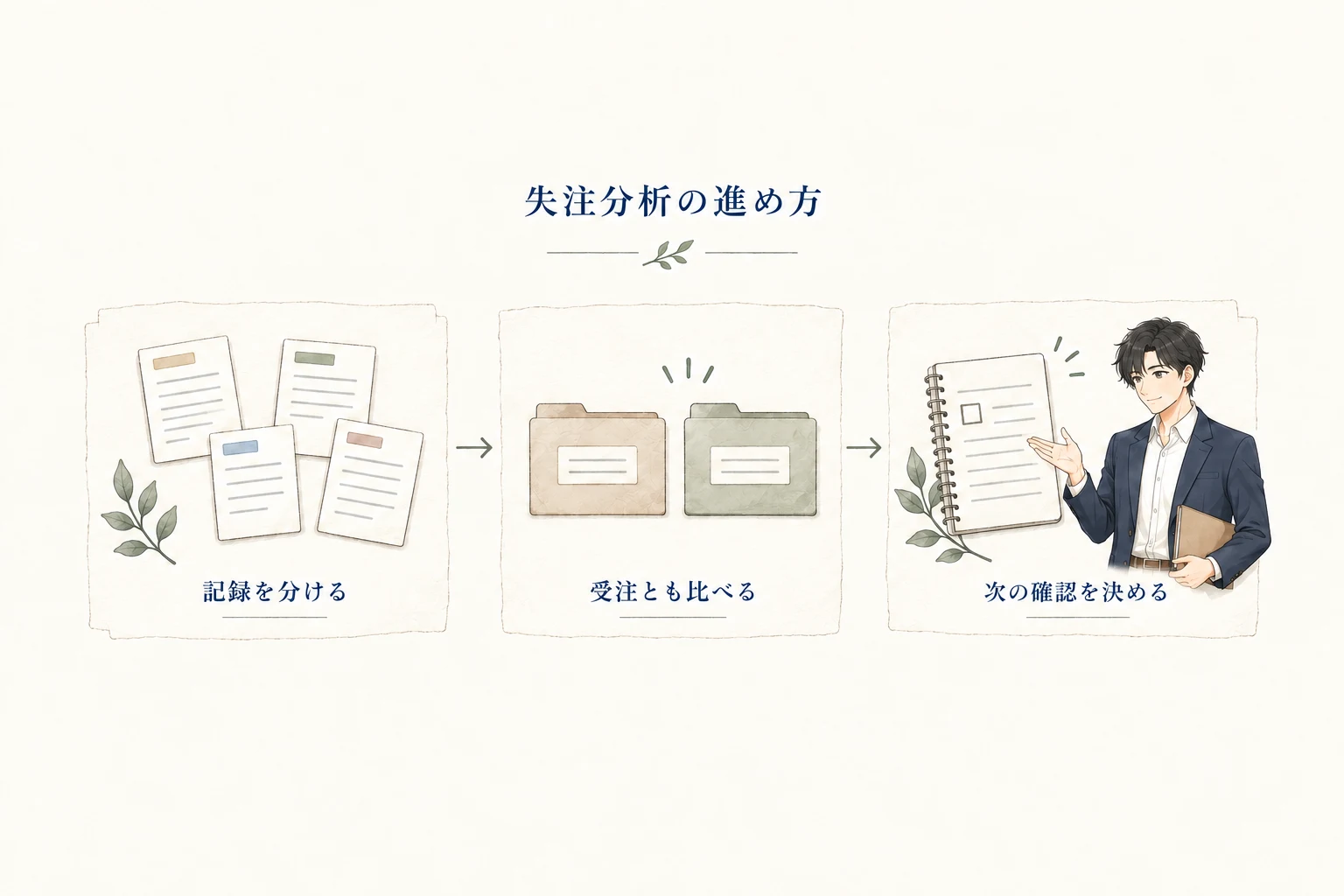 失注分析は、記録を分ける、受注案件とも比べる、次の確認を決める順で進める