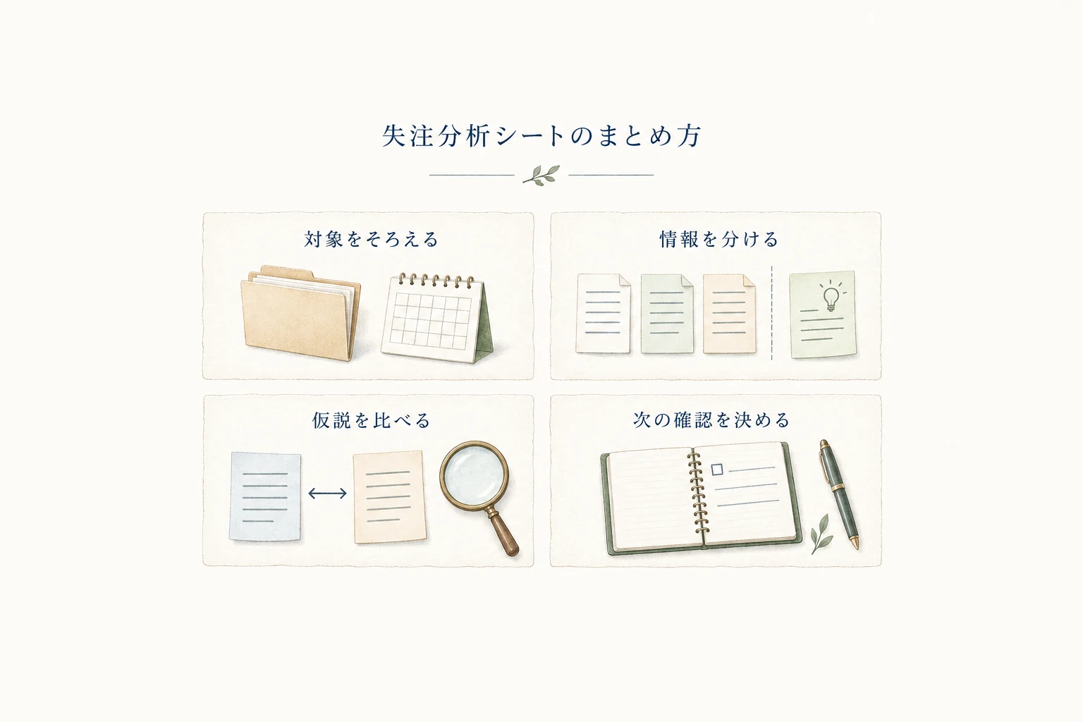 失注分析シートは、対象をそろえる、情報を分ける、仮説を比べる、次の確認を決める四つの仕事に分けて整理する