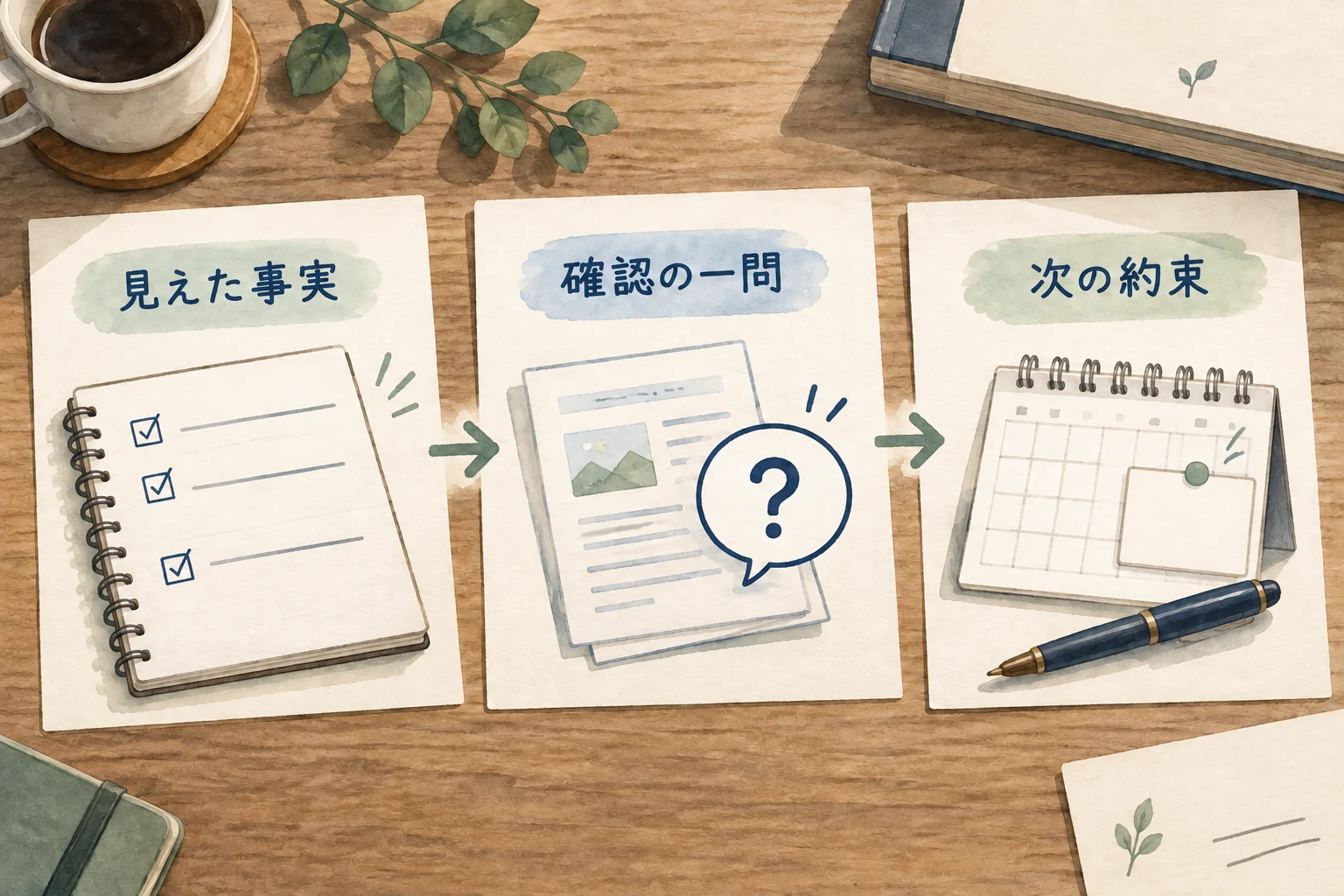 見えた事実から確認の一問を選び、次の約束だけ記録する