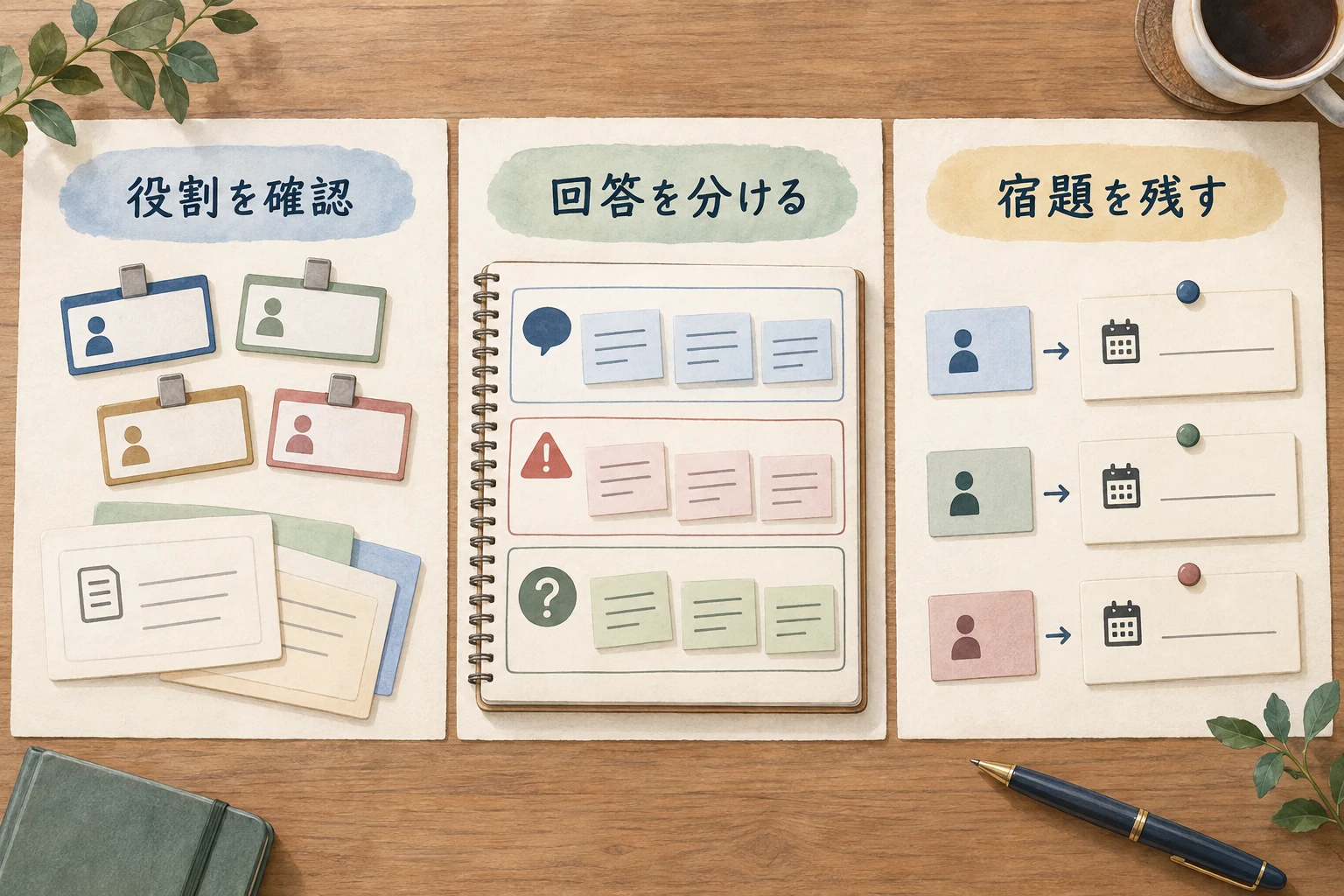 参加者の役割を確認し、回答を分け、宿題を残す