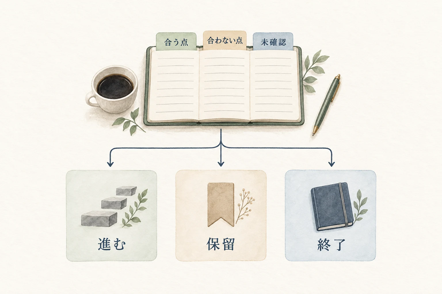 合う点・合わない点・未確認を示して提案し、相手が進む・保留・終了を選べるようにする