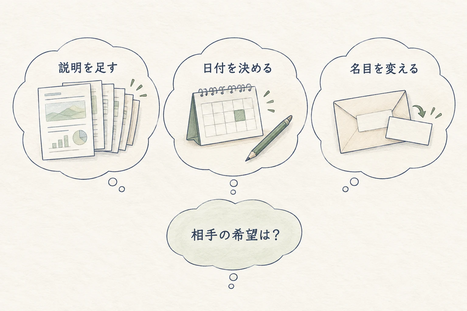 不要という返答の後に説明を足す、再連絡を先に決める、情報提供ならよいと解釈する、の3つを見直す。