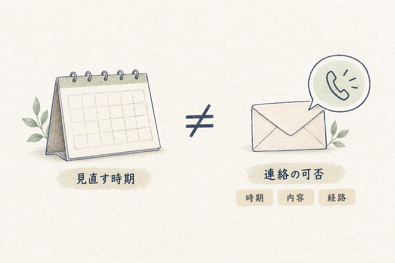 見直す時期を示すカレンダーと、連絡してよい範囲を示すメモは別。時期・内容・経路の合意を確かめてから予定にする。