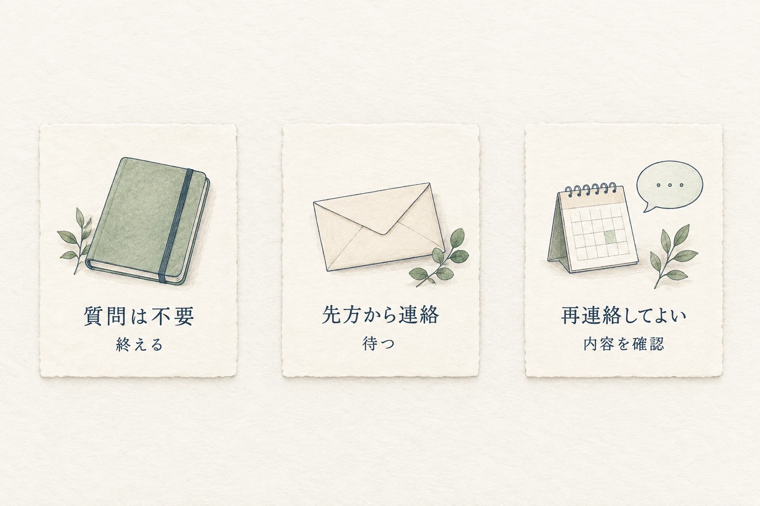 追加質問が不要なら終える。先方から連絡する場合は待つ。こちらからの連絡を希望された場合だけ具体的な内容を相談する。