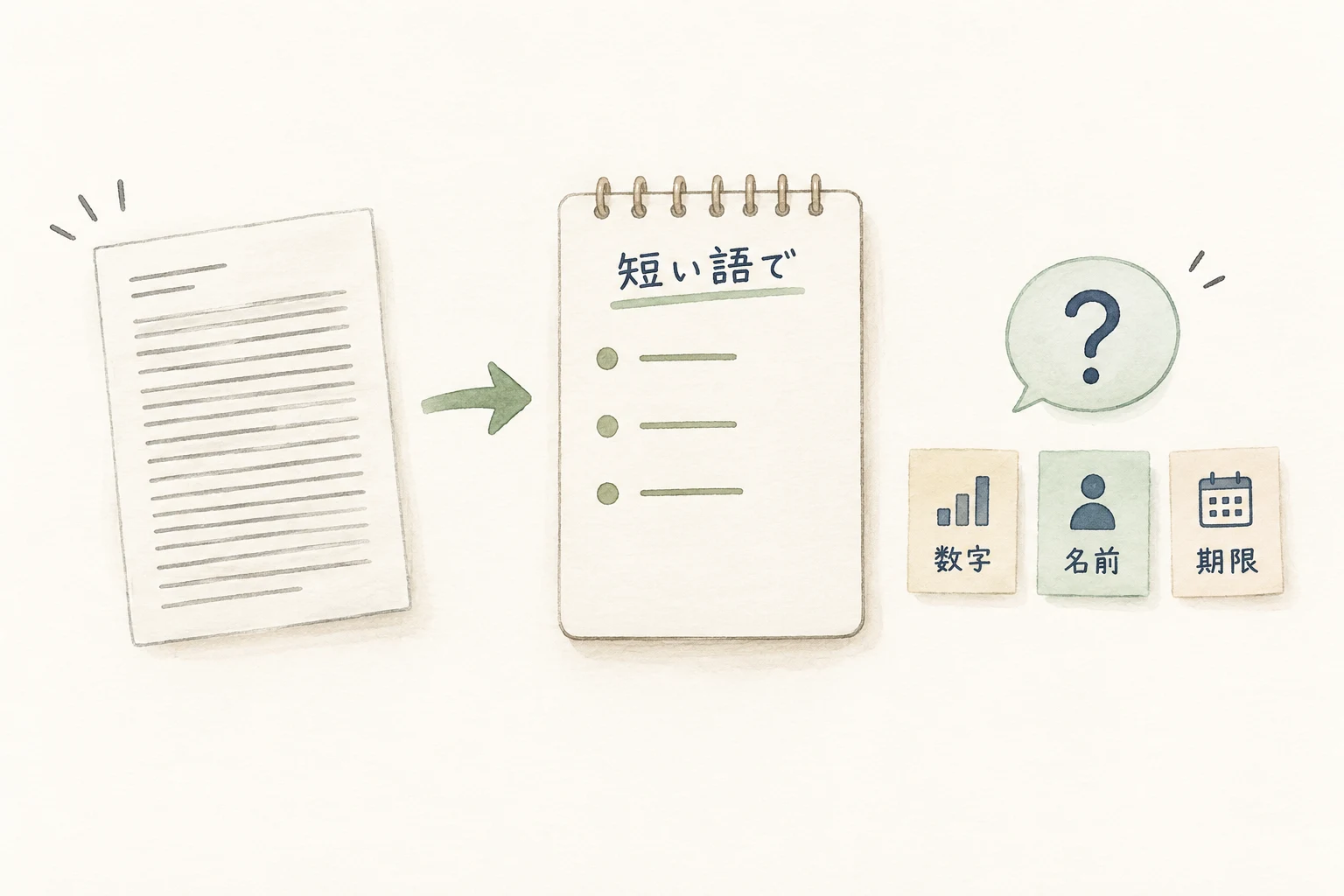 長い全文を書き続けず短い語で残す。数字・固有名詞・期限はその場で聞き直す。