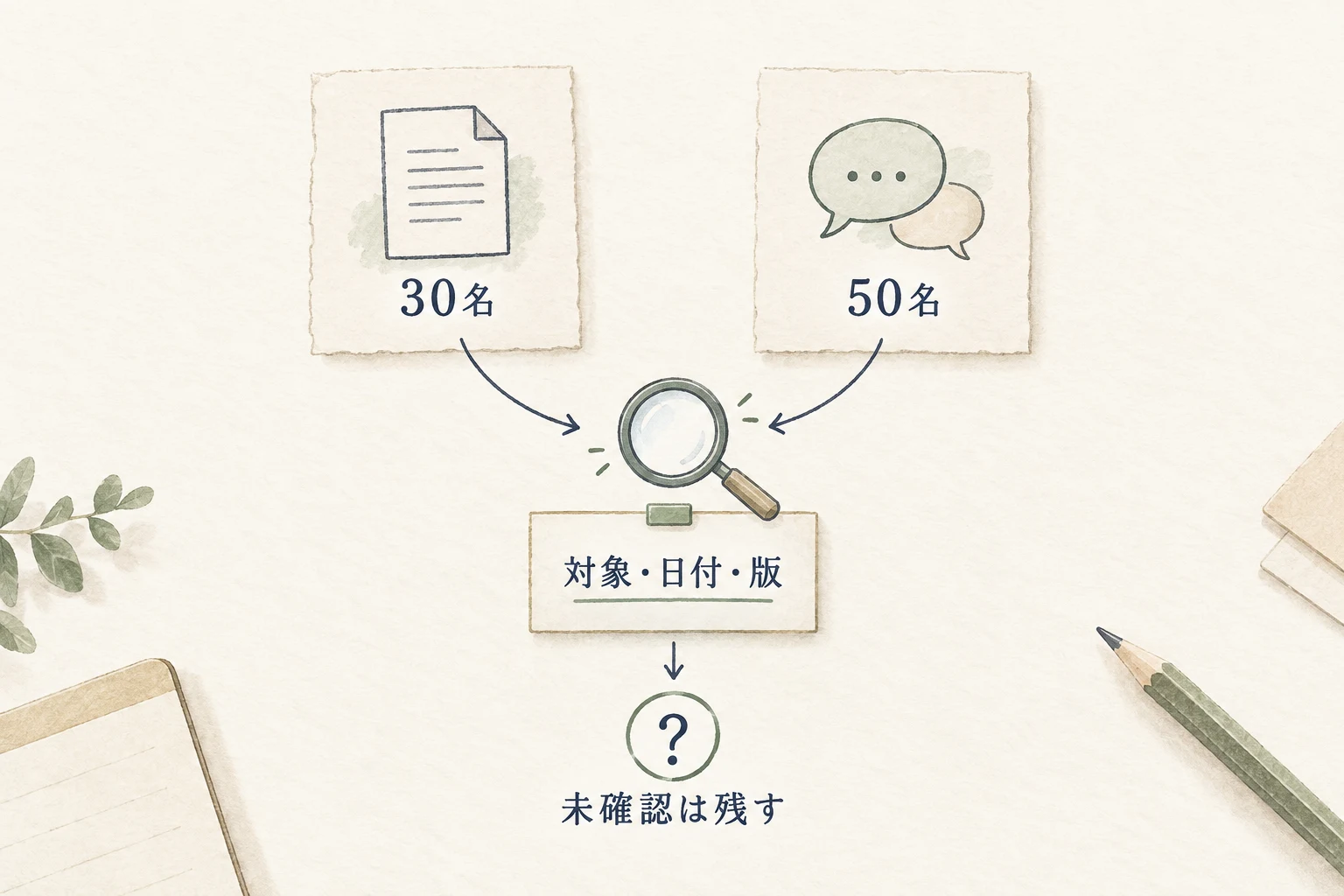 資料の30名と発言の50名が違う時は、対象と日付・版を照合する。未確認なら両方を残し、確認者と期限を決める。