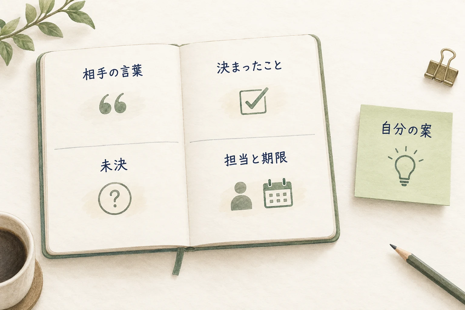 商談メモの4欄。相手の言葉、決まったこと、未決、担当と期限。自分の案は別の付箋へ分ける。
