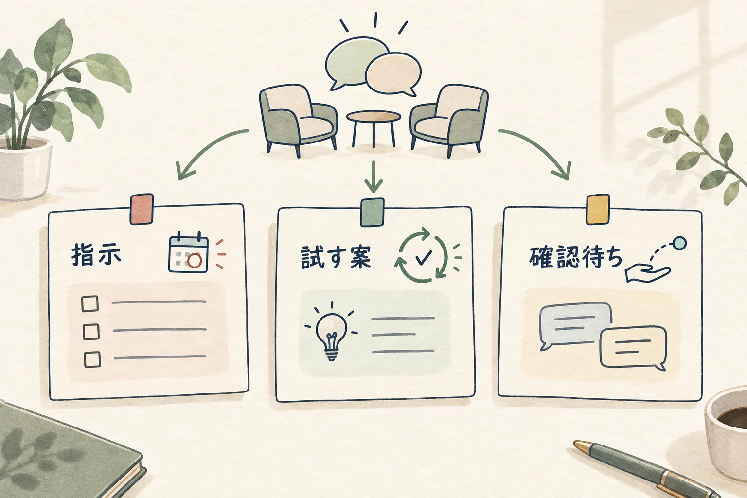 1on1で受けた助言を、業務指示、範囲を決めて試す案、担当者の確認待ちに分ける