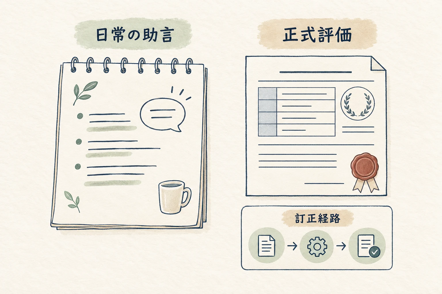 日常の助言と正式な評価決定を別の記録として扱い、誤りは指定された訂正経路へ戻す