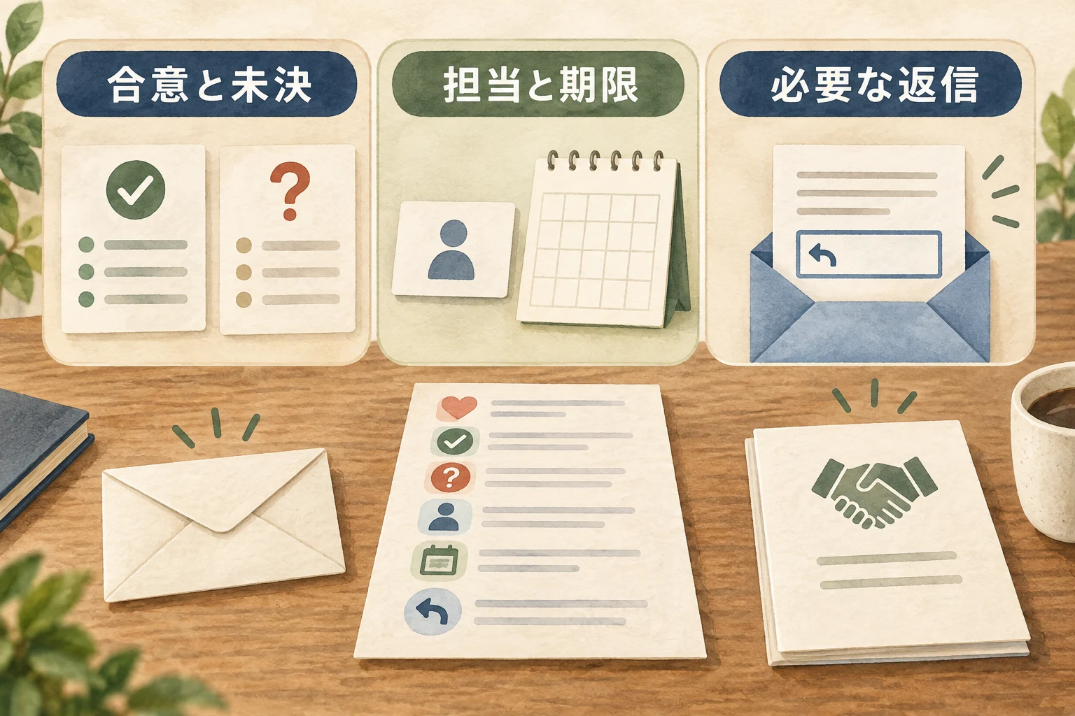 合意と未決、担当と期限、必要な返信を分ける