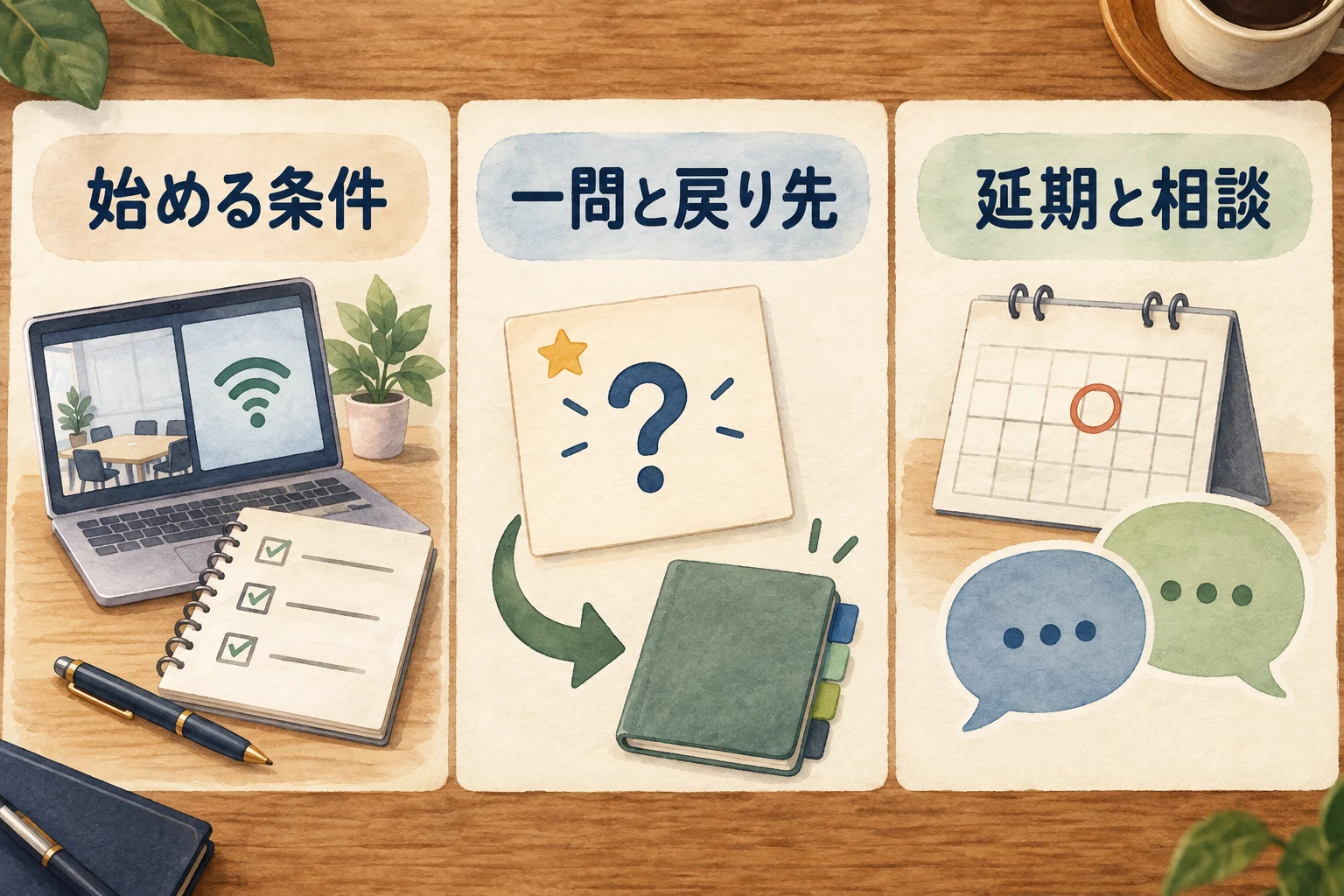 始める条件、一問と戻り先、延期と相談を確かめる