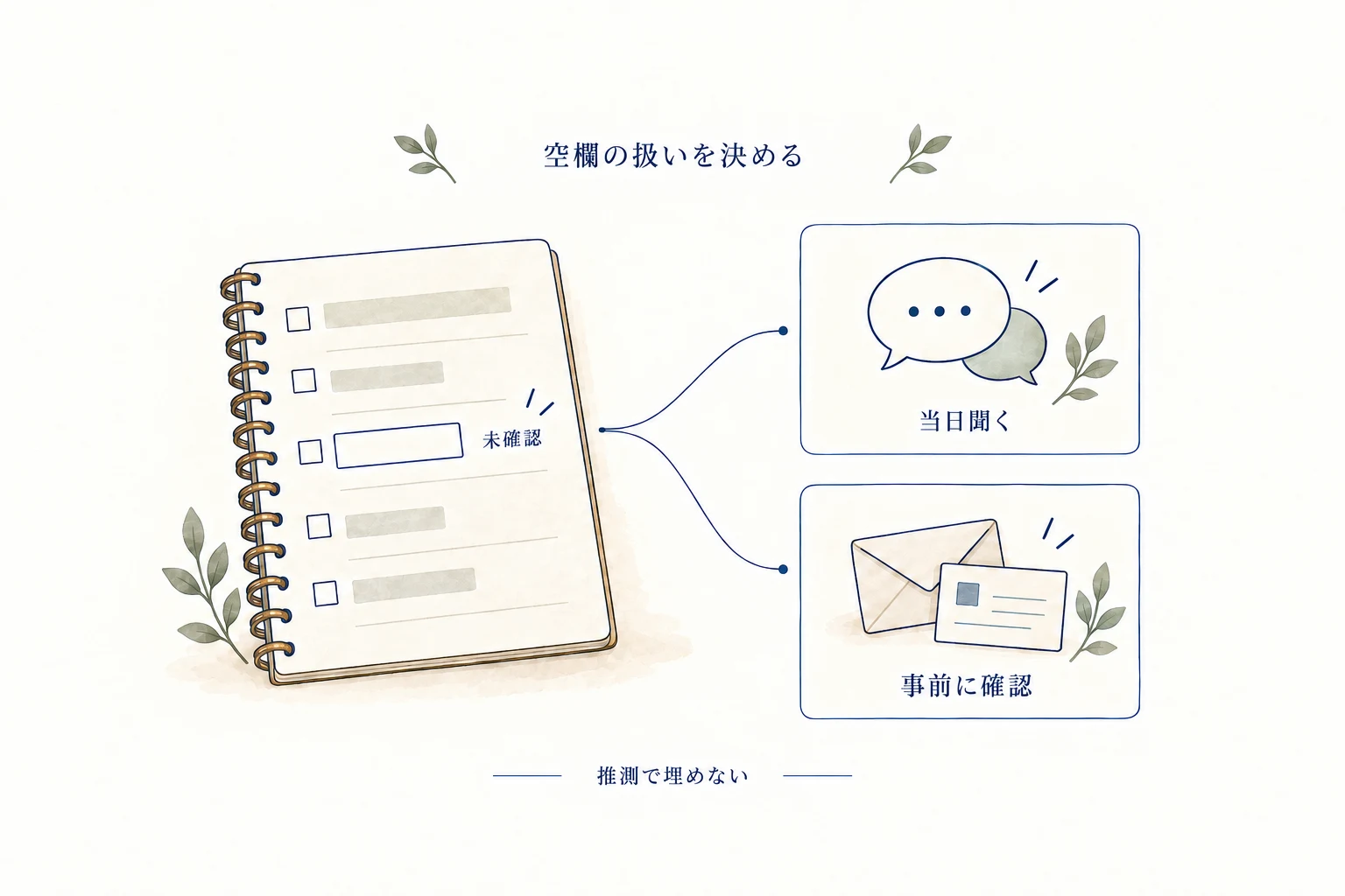 準備メモの未確認欄は推測で埋めず、当日聞くことと事前に担当者へ確認することに分ける