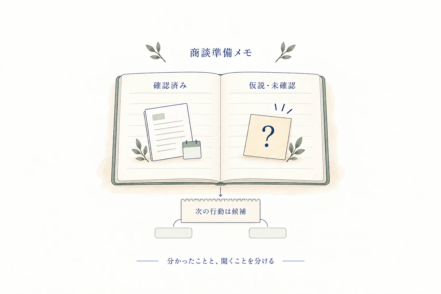 準備メモでは確認済みと仮説・未確認を分け、次の行動は相手と相談する候補として残す