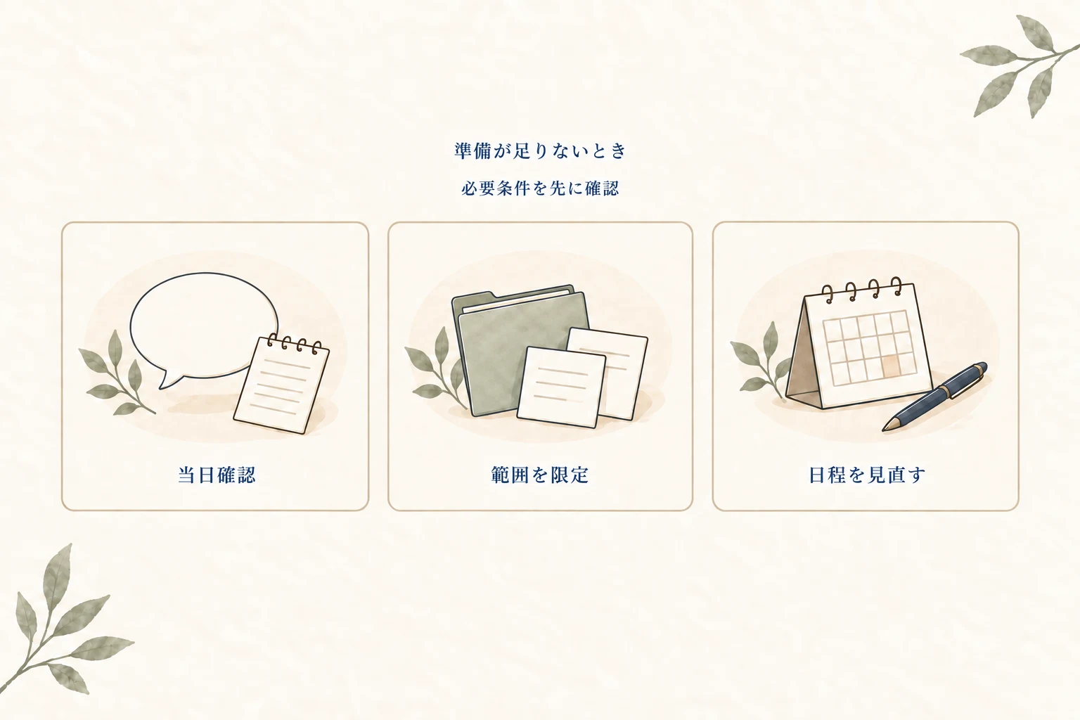 商談準備が足りないときは実施に必要な条件を先に確認し、当日確認できること、範囲を限定すること、日程や方法を見直すことに分ける
