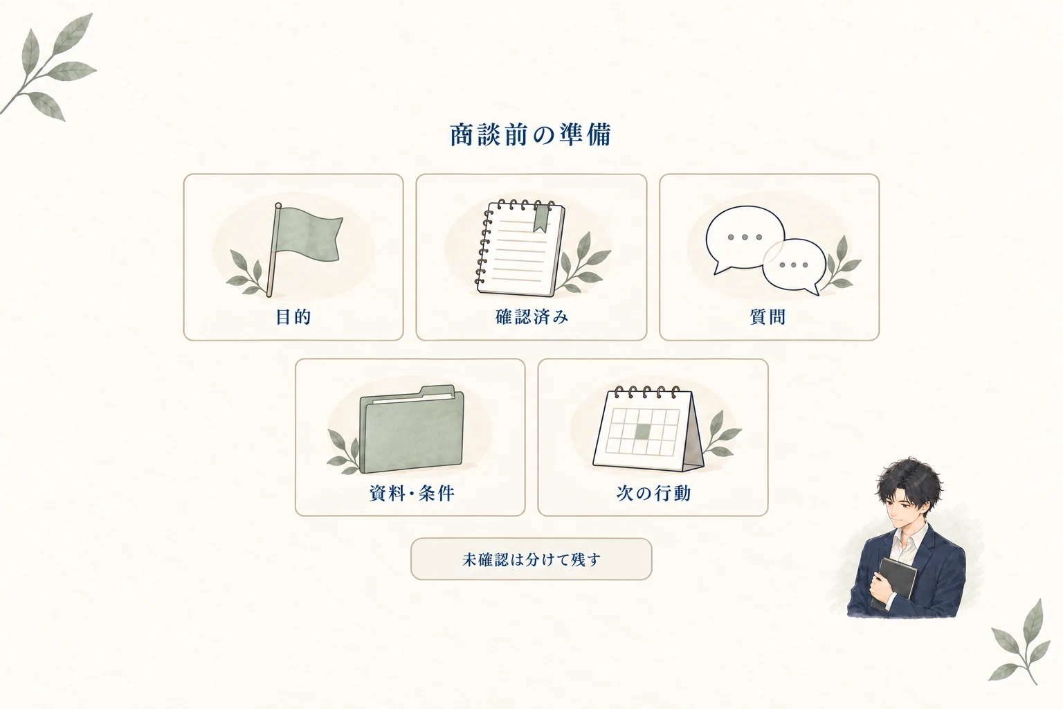 商談前に準備する5項目は目的、確認済み情報、質問、資料と条件、次の行動。未確認は分けて残す