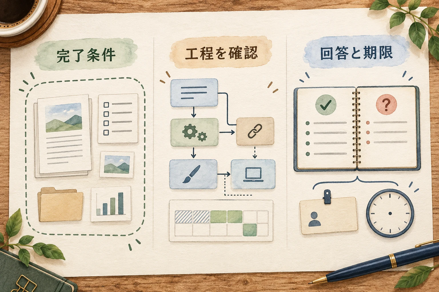 完了条件と工程を確認し、回答状態と次の期限を伝える