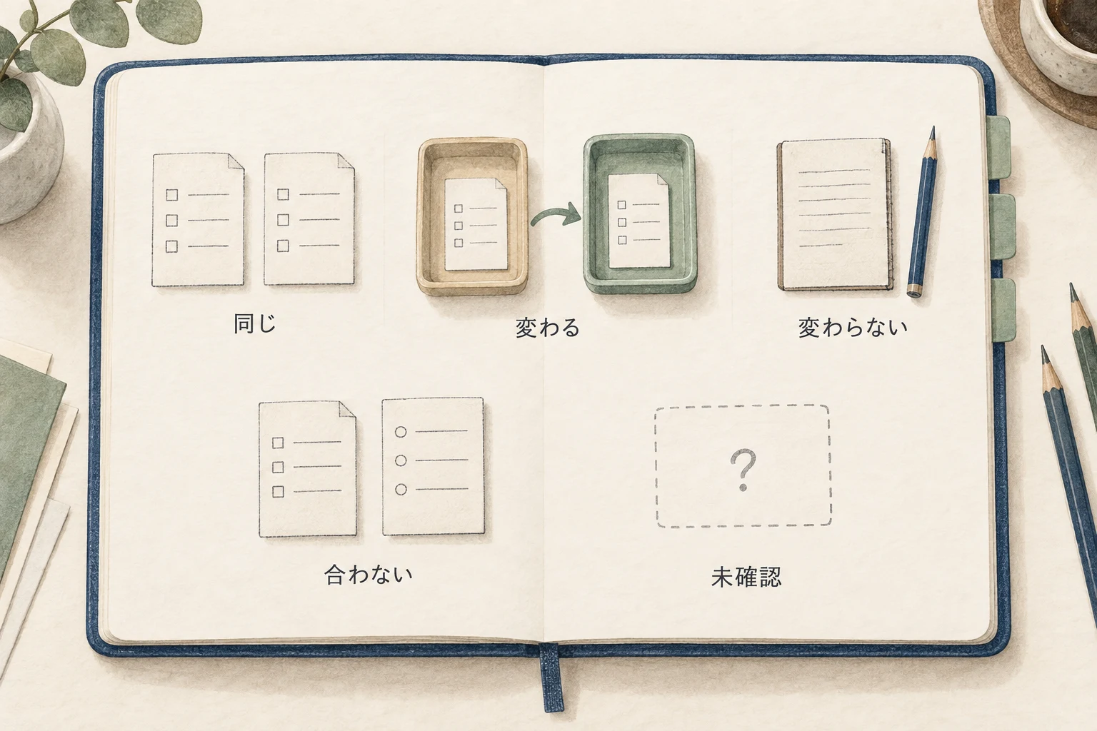 同じ点、変わる点、変わらない仕事、合わない点、本番では未確認の条件を混ぜずに記録する五つの欄。