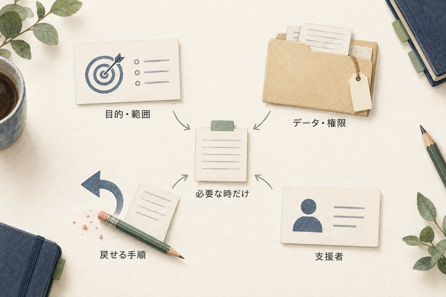 操作を試す時は目的と範囲、データと権限、戻せる手順、支援者を確認する。見るだけのデモでもよい。