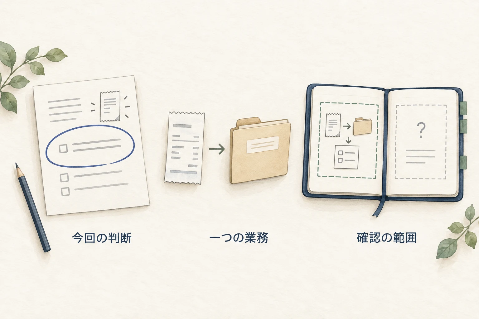 準備で決める、今回の判断、誰がいつ行う一つの業務、デモで見えることと未確認を分ける範囲。