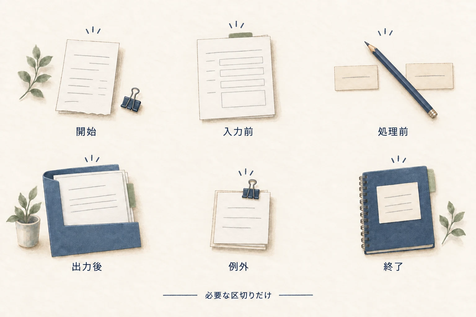 開始、入力前、処理前、出力後、例外、終了のうち、その業務に必要な区切りで止まり、実際の仕事との違いを聞く。
