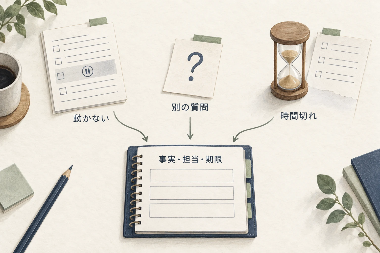 動作停止、別の判断に関わる質問、時間切れでは、見えた事実・担当・期限を残し、成功したように補わない。