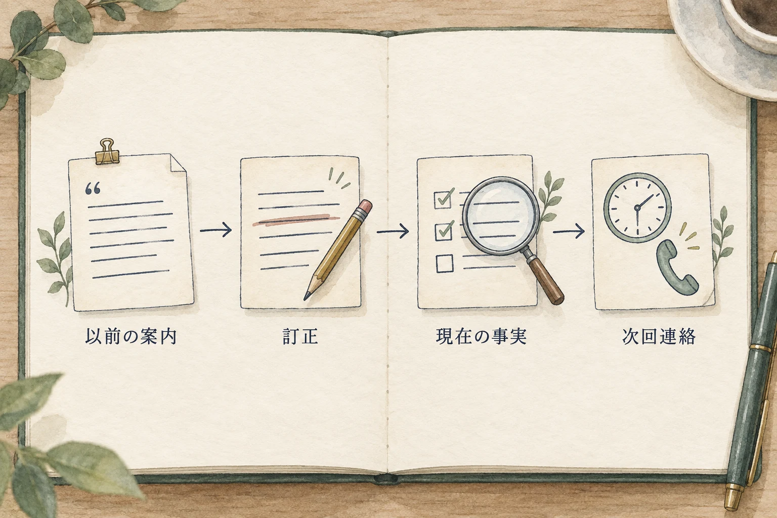 以前の案内を残して訂正箇所を示し、現在の事実を確認してから次回連絡を案内する