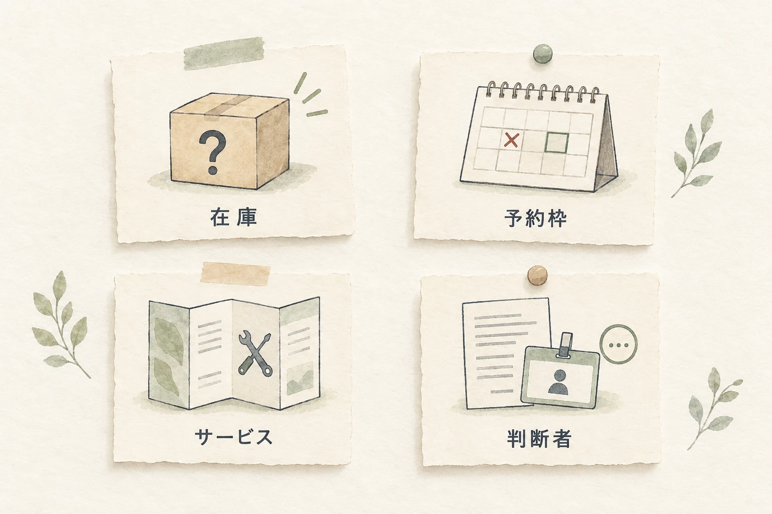 在庫照会、満了した予約枠、サービス範囲、返金の判断者を別々のメモで示す
