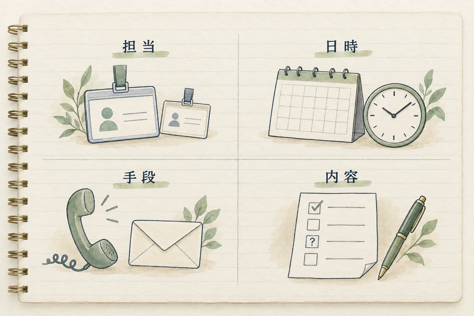 担当、日付と時刻、連絡手段、未確定でも知らせる内容を一枚の引き継ぎメモに残す