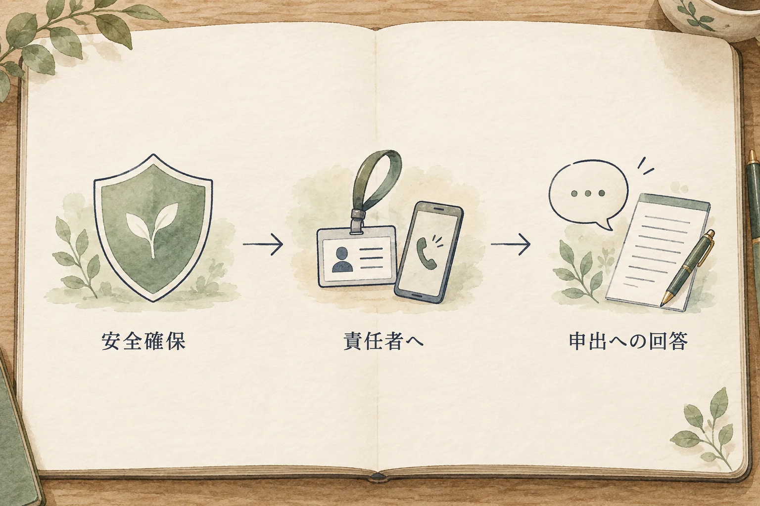 安全の確保と責任者への相談を進め、正当な申出への回答も別の担当で引き継ぐ