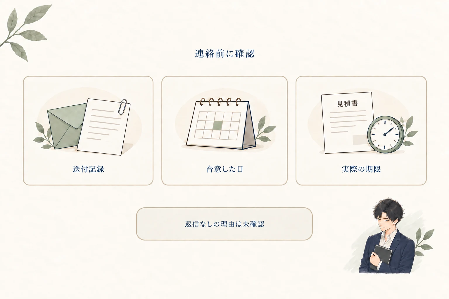 見積もり後に返信がないときは、送付記録、合意した日、実際の期限を確認する。返信がない理由は未確認のまま扱う