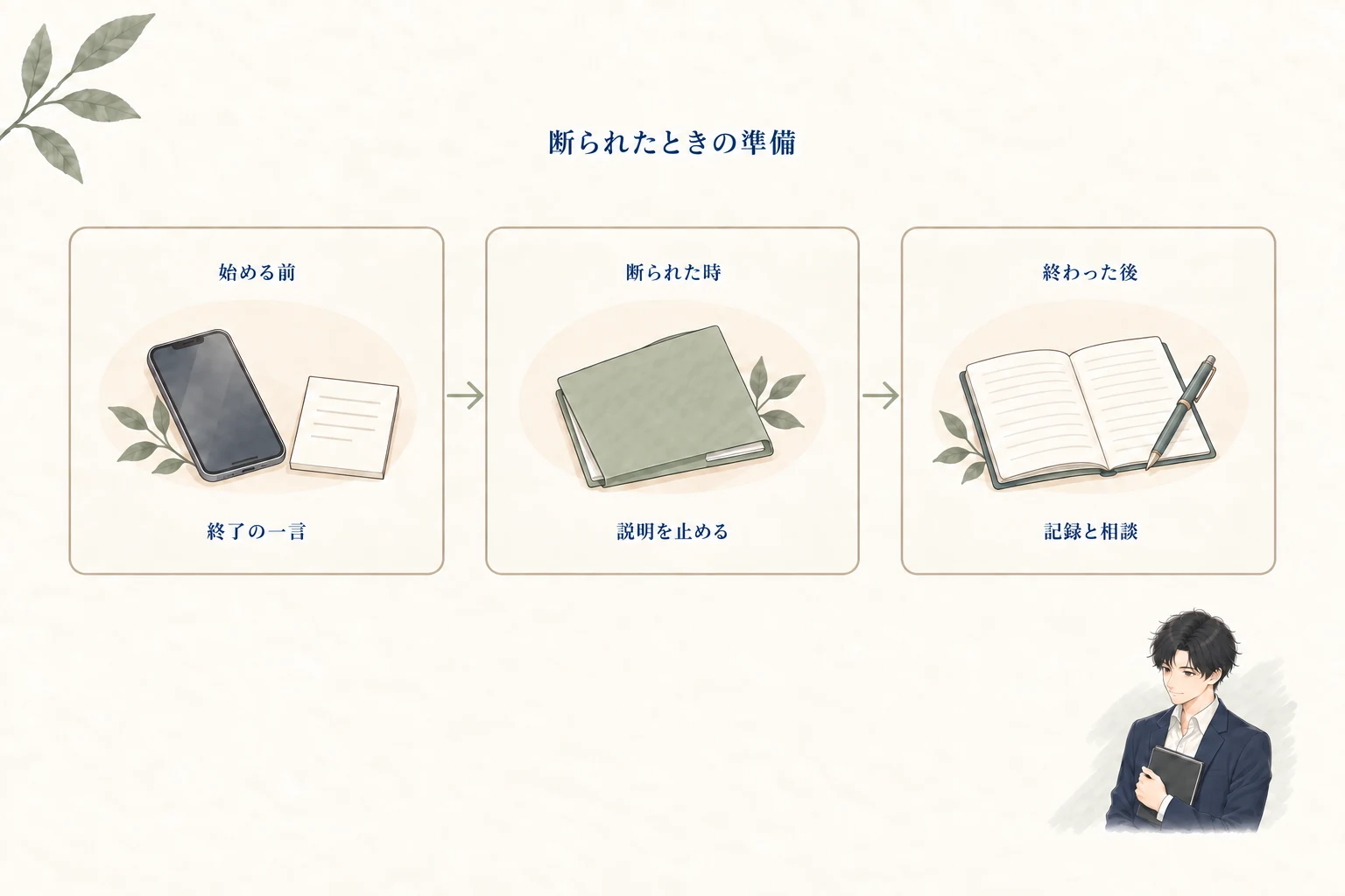 営業で断られるのが怖いときは、始める前に終了の一言、断られたときは説明を止める、終わった後は記録と相談を準備する