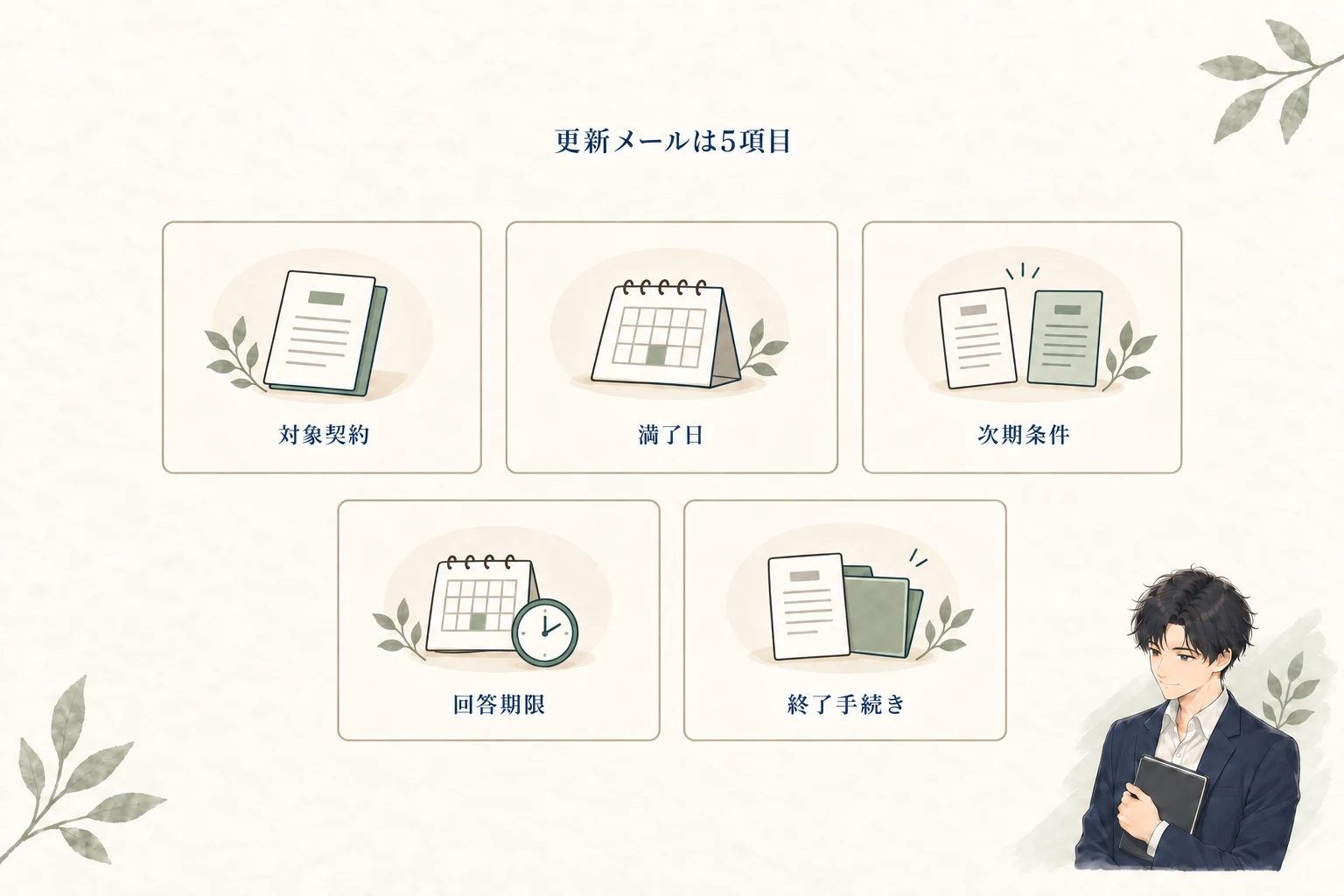 契約更新メールに書く5項目：対象契約、満了日、次期条件、回答期限、終了手続き