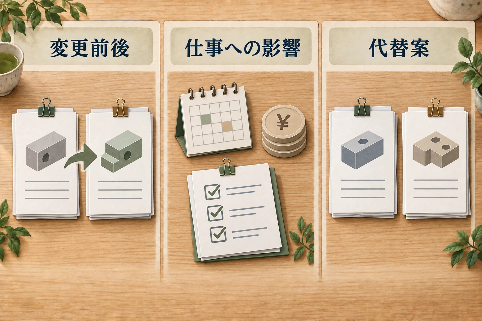 仕様変更のお願いでは、変更前後、仕事への影響、代替案をそろえて相談する