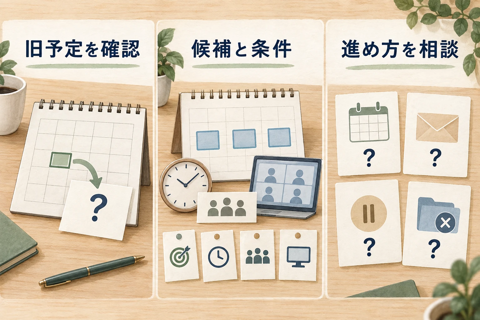 旧予定を確認し、新候補と会議条件、今後の進め方を相談する
