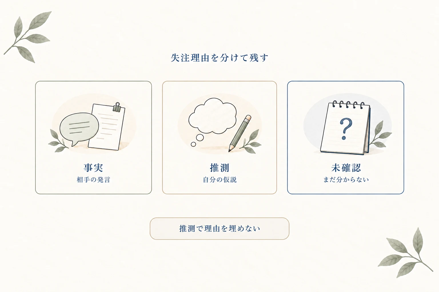 事実は相手の発言、推測は自分が考えた理由、未確認はまだ確かめていない条件として、別々のカードに記録する図