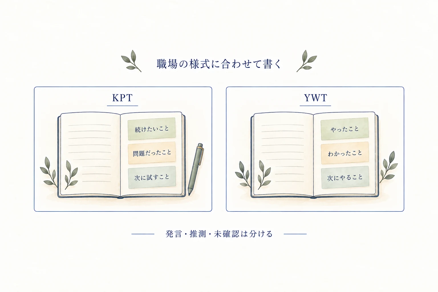KPTは続けたいこと・問題だったこと・次に試すこと、YWTはやったこと・わかったこと・次にやることを記す。二つの様式を別々のノートで示し、発言・推測・未確認は分ける図