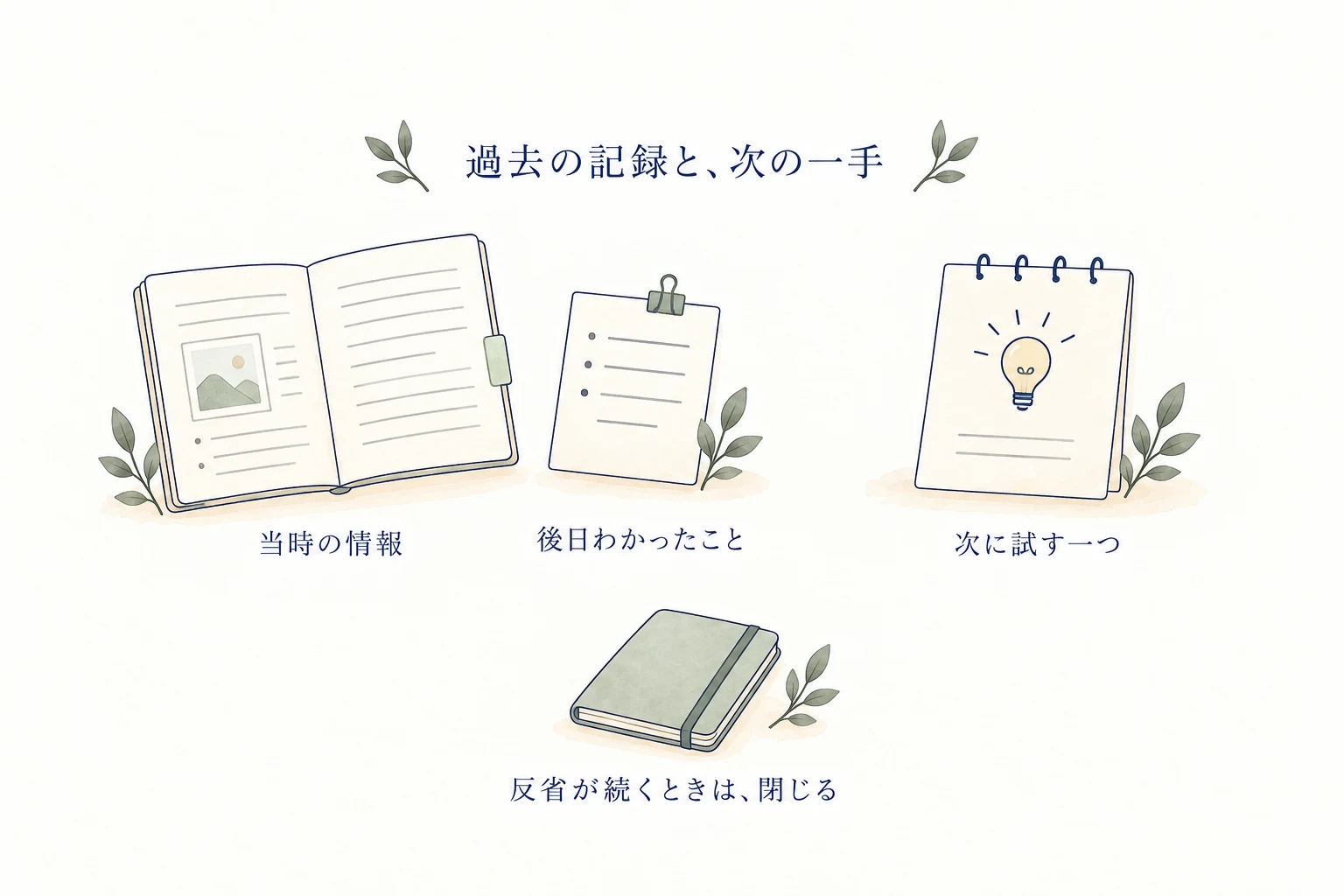 当時の情報、後日わかったこと、次に試す一つを別々に残す図。反省が続くときはノートを閉じる