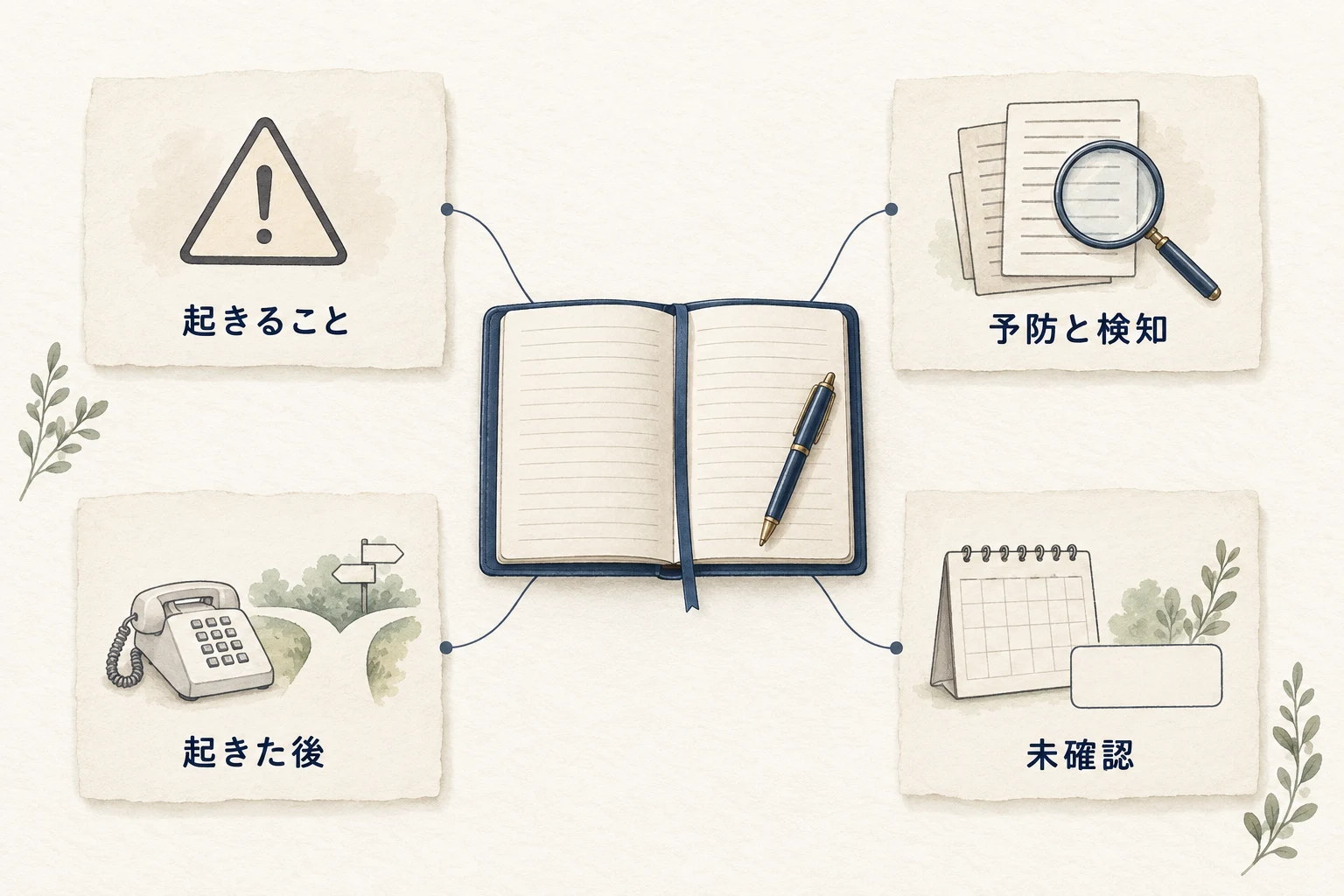 起きること、予防と検知、起きた後の対応、未確認の四領域を一つのノートにつなぐ