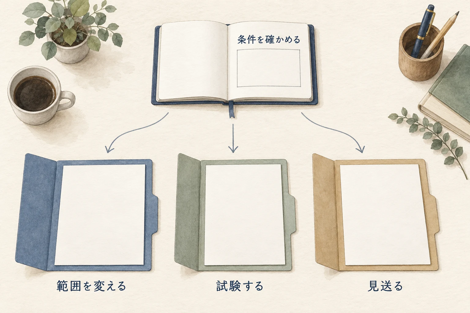 条件を確かめ、範囲を変える、試験する、見送るの三つを選べるようにする