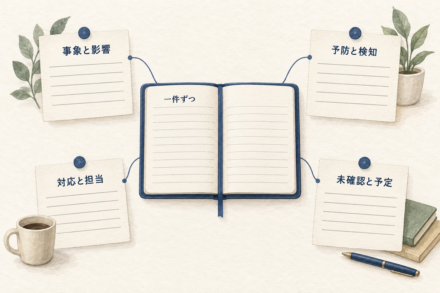 一つの事象に、影響、予防と検知、対応と担当、未確認と予定をまとめる