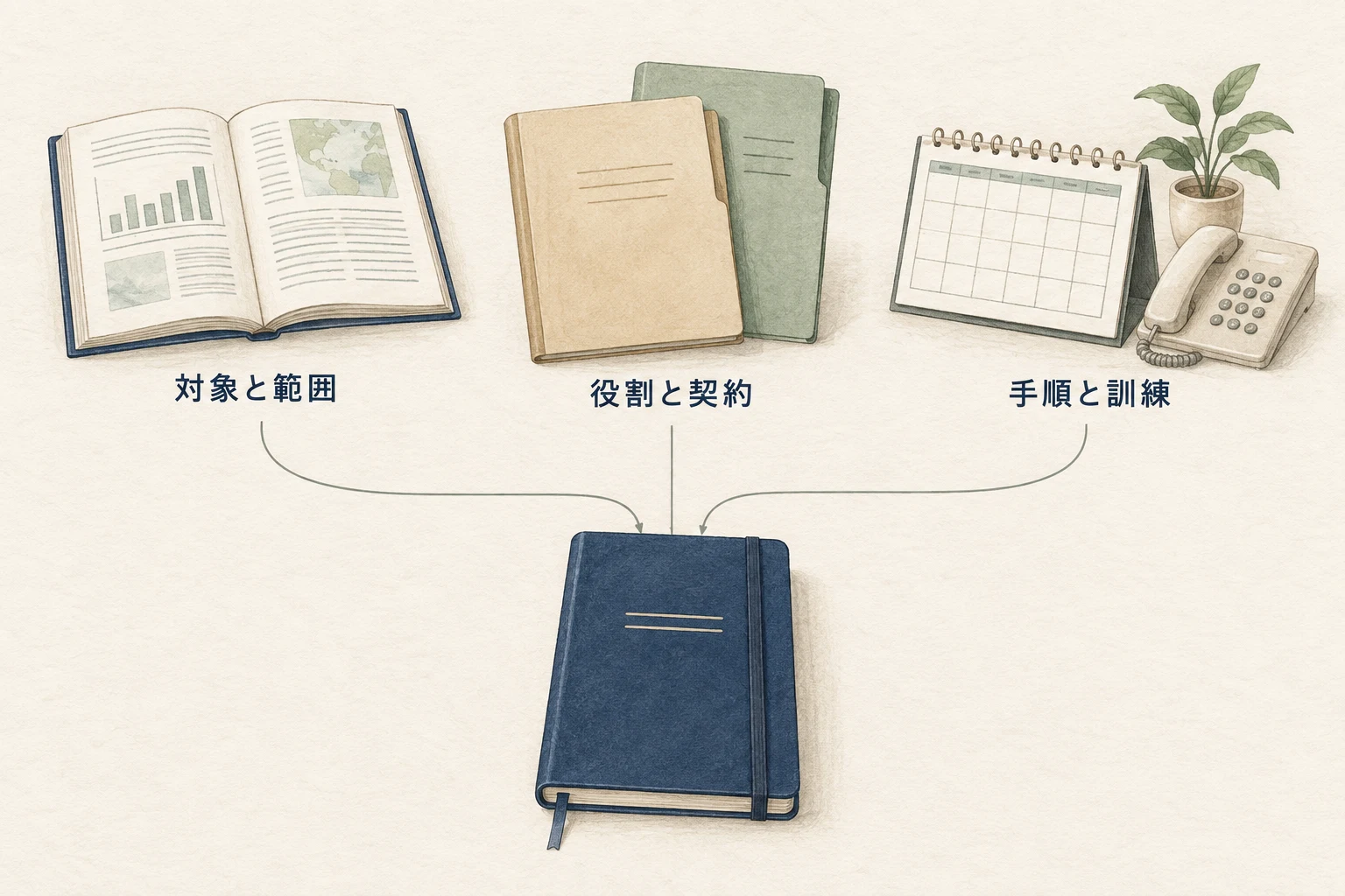 資料の対象と範囲、役割と契約、手順と訓練を自分の説明資料に照合する