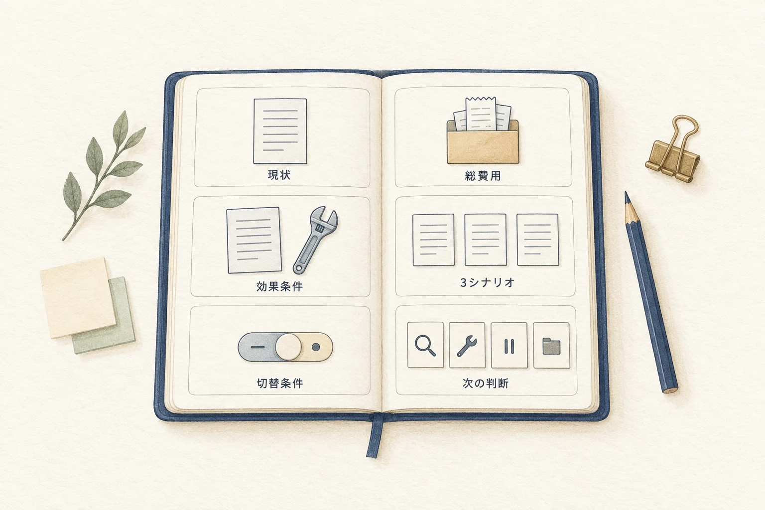 ROI提案書の六つの欄。現状、総費用、効果条件、3シナリオ、切替条件、次の判断を一枚にまとめる