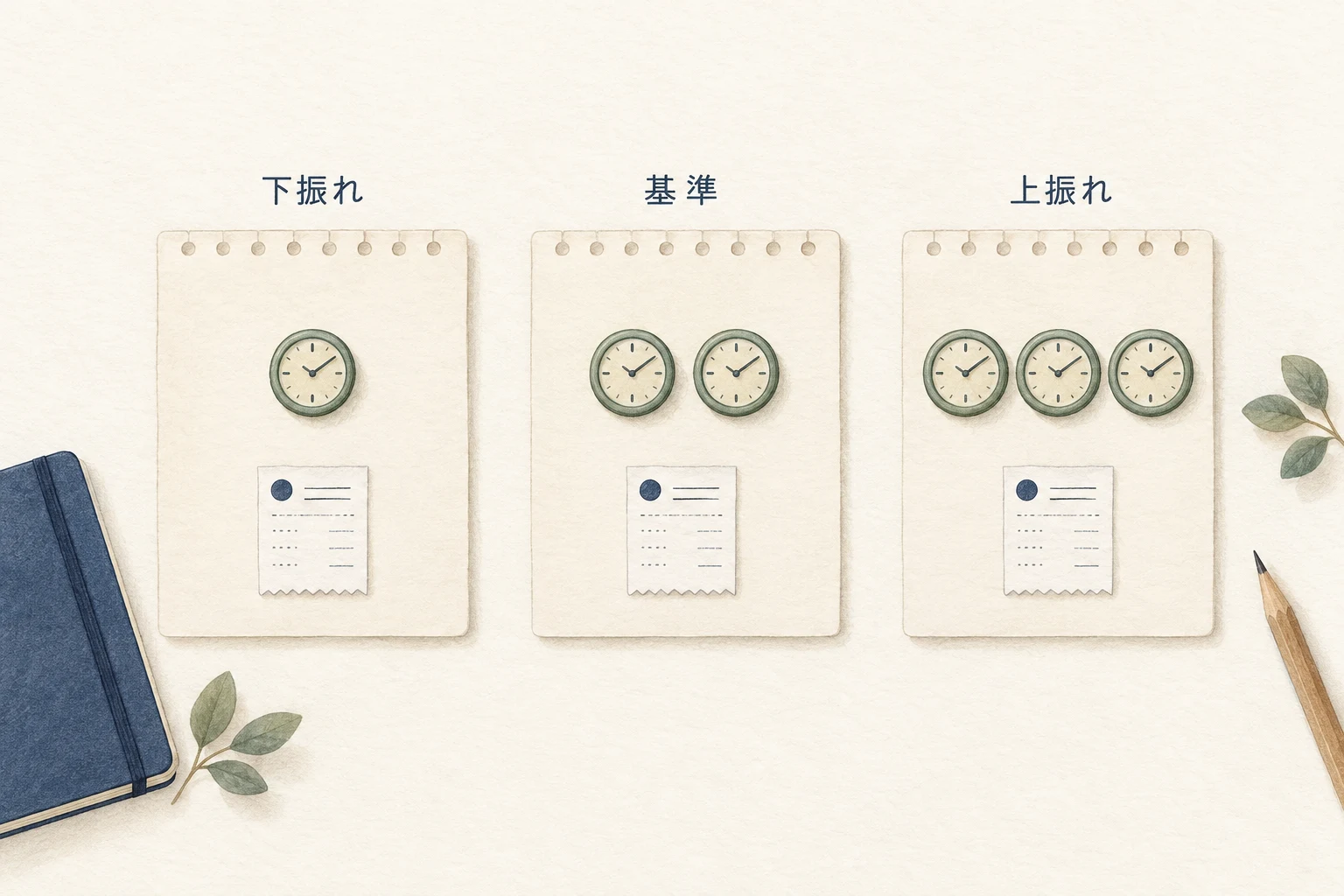 下振れ・基準・上振れを同じ大きさの欄で比較する。条件の違いを示す試算で、成功確率や実績ではない