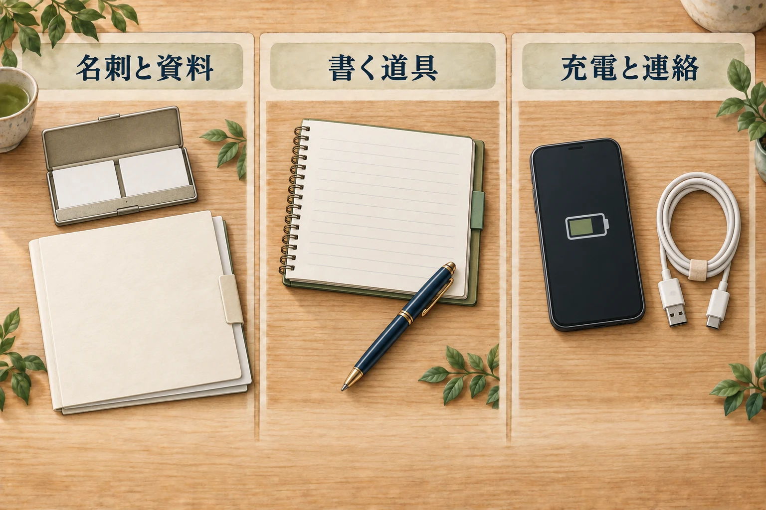 営業の持ち物を、名刺と資料・書く道具・充電と連絡の三つに分けて確認する