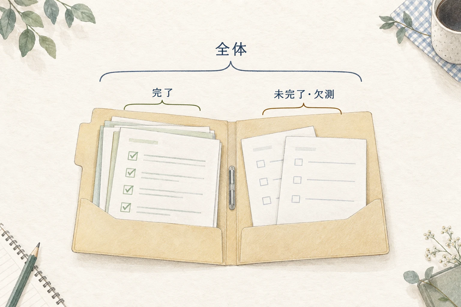 全体、完了、未完了や欠測を分け、同じ分母で結果を見る