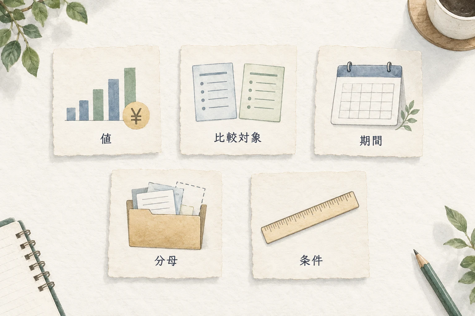 数値を比較する前に、比較対象、期間、分母、条件をそろえる