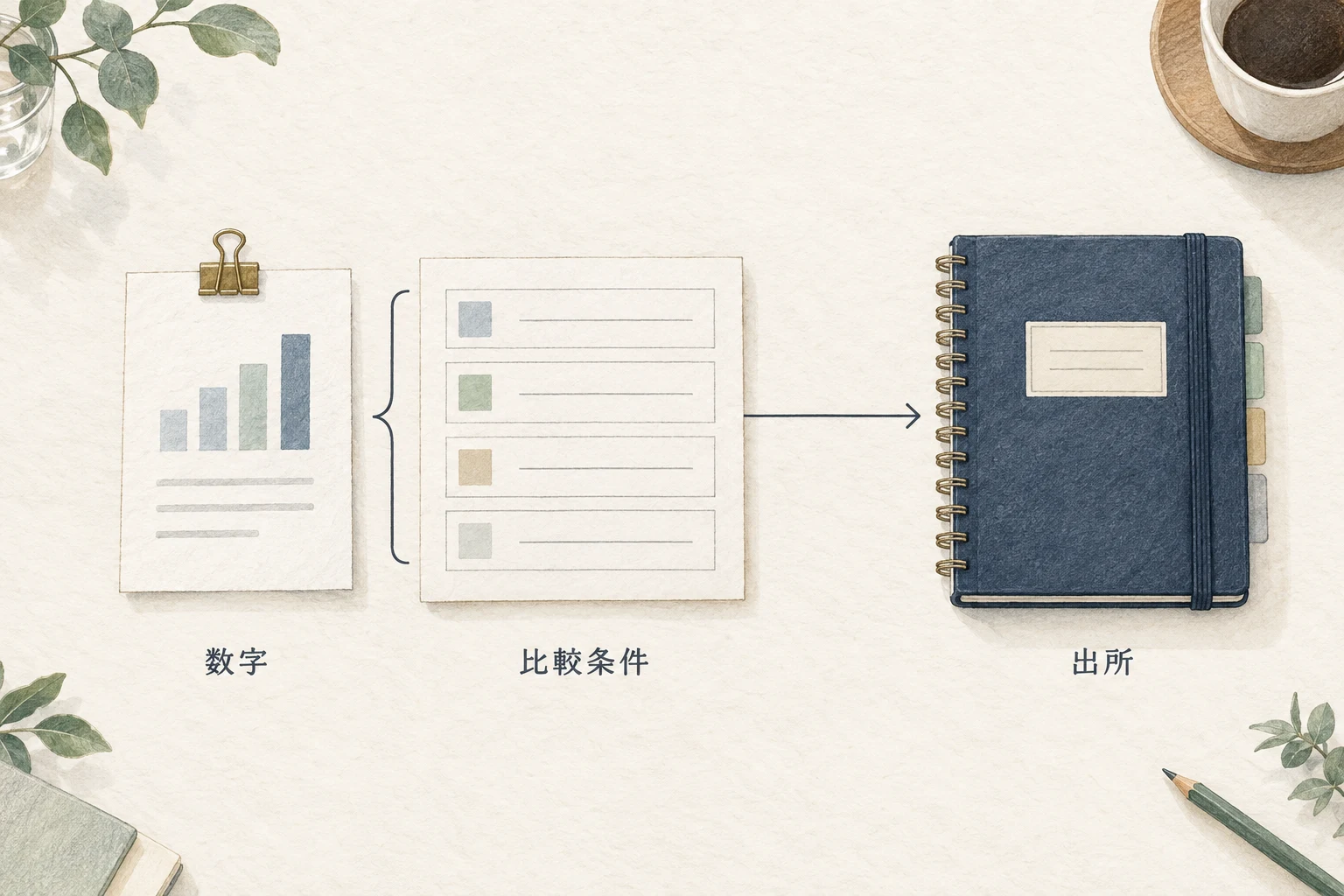 数字の隣に比較条件を置き、出所へ戻って確かめる営業資料の見せ方。